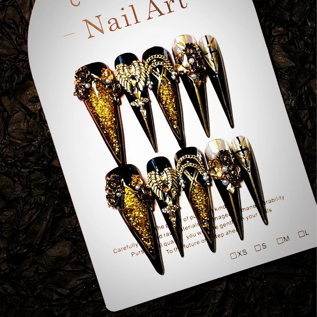 【黑天使】重工龙爪暗黑ins风穿戴甲显白四指全甲金色流沙流麻美甲