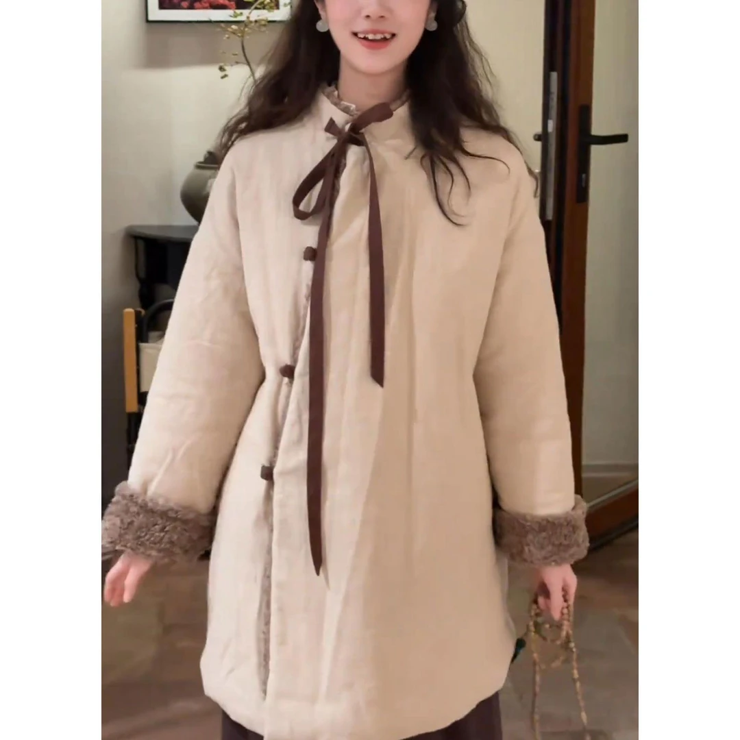 冬季新款时尚减龄宽松立领棉衣新中式绝美洋气加厚保暖中长款棉服