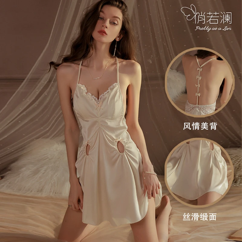 若澜夏季性感加胸垫聚拢冰丝吊带睡裙蝴蝶露背露腰家居服睡裙