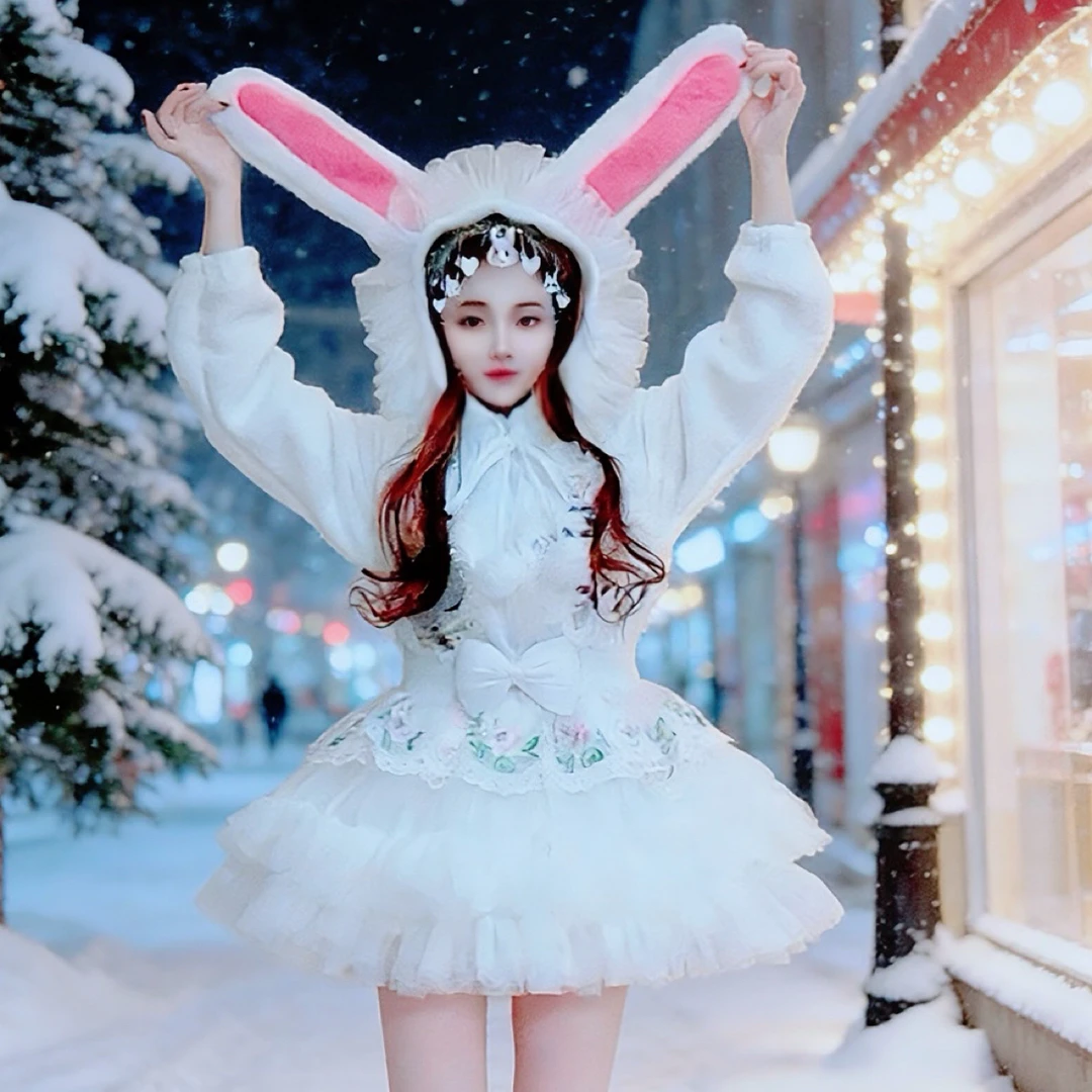 【面条仙仙】3901#冬季保暖双面绒连帽减龄兔纸外套蓬蓬裙