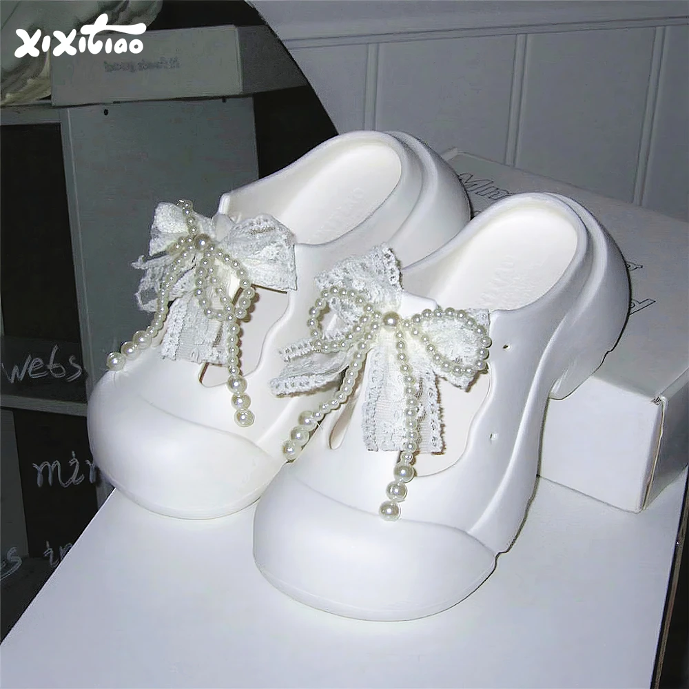 细细条 仙女风甜美珍珠蝴蝶结凉鞋单鞋女夏户外增高百搭凉拖鞋ins