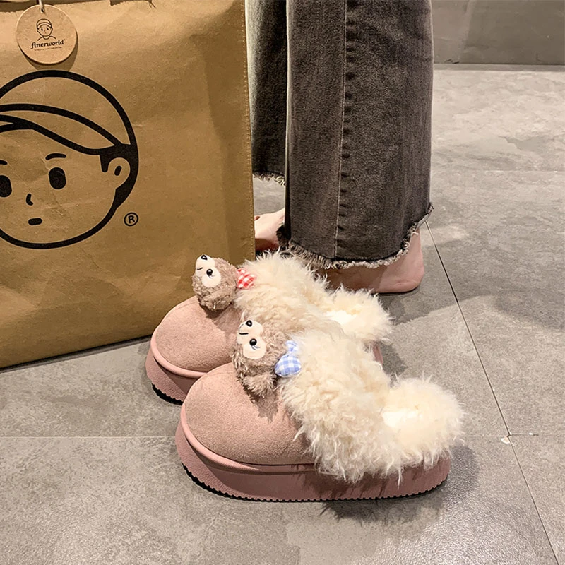 卡通雪莉玫棉拖鞋女冬季百搭毛毛拖鞋外穿休闲可爱达菲熊包头拖鞋