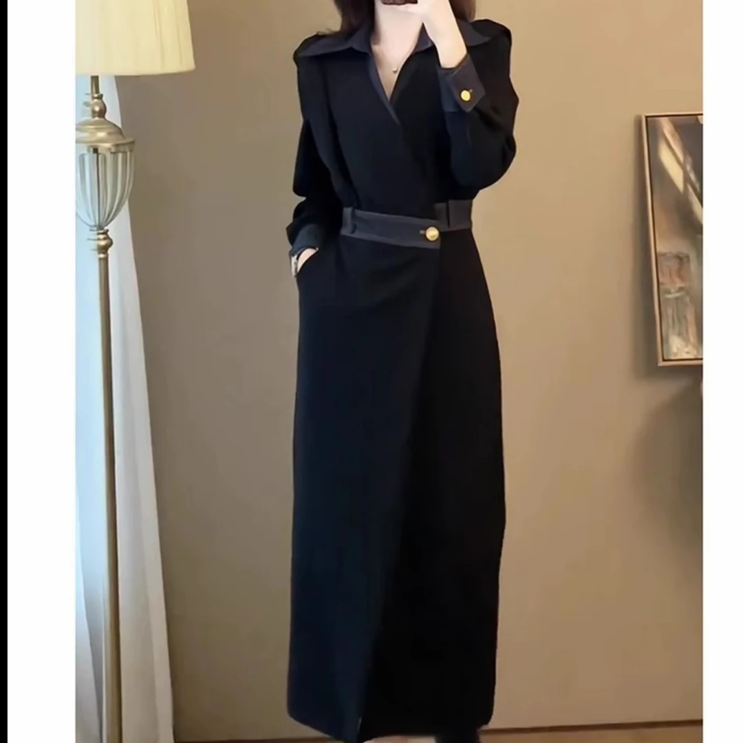 秋春赫本风高知穿搭大方得体的黑裙显瘦收腰长袖连衣裙子女长裙