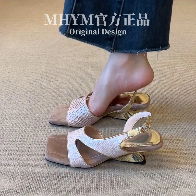MHYM正品法式气质方头坡跟露趾侧空后绊带夏季时尚百搭女时装凉鞋