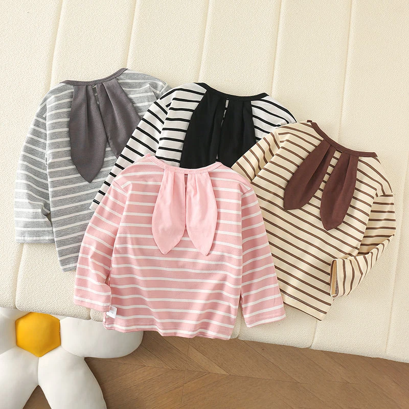 秋冬新款宝宝可爱长袖条纹小童韩版兔耳套头打底衫女婴幼童棉质简