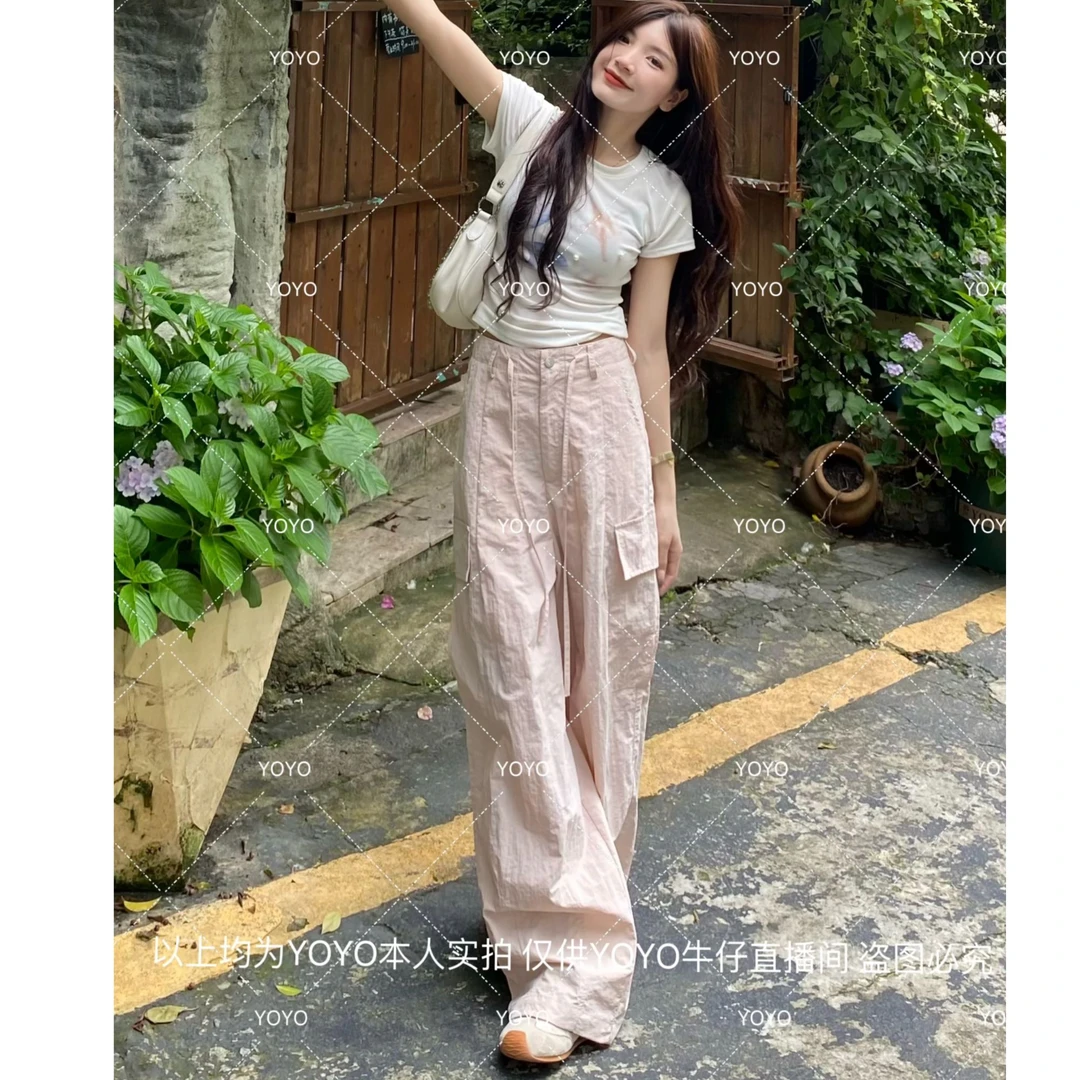 YOYO自制【皱皱工装】夏季休闲显瘦时尚高腰宽松阔腿工装裤