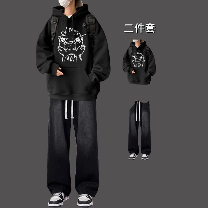 秋冬季连帽卫衣套装男潮流痞帅一套运动高街牛仔裤学生休闲两件套