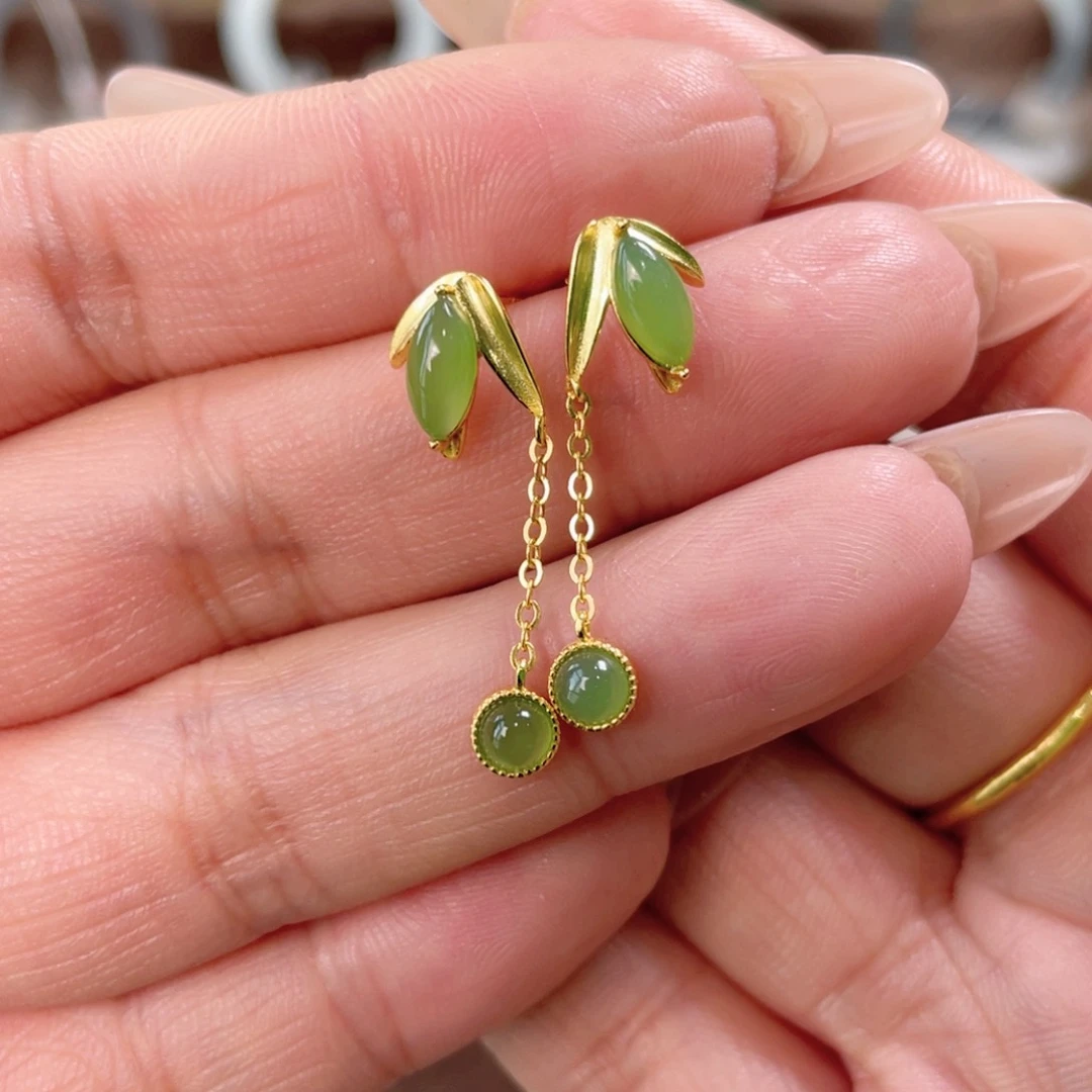 和田玉耳饰银S925镶嵌