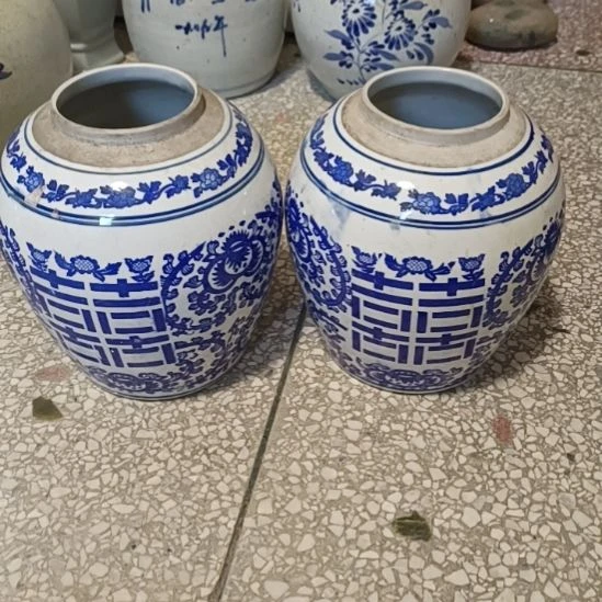 摆件陶双双双喜临门罐罐摆件青花陶瓷