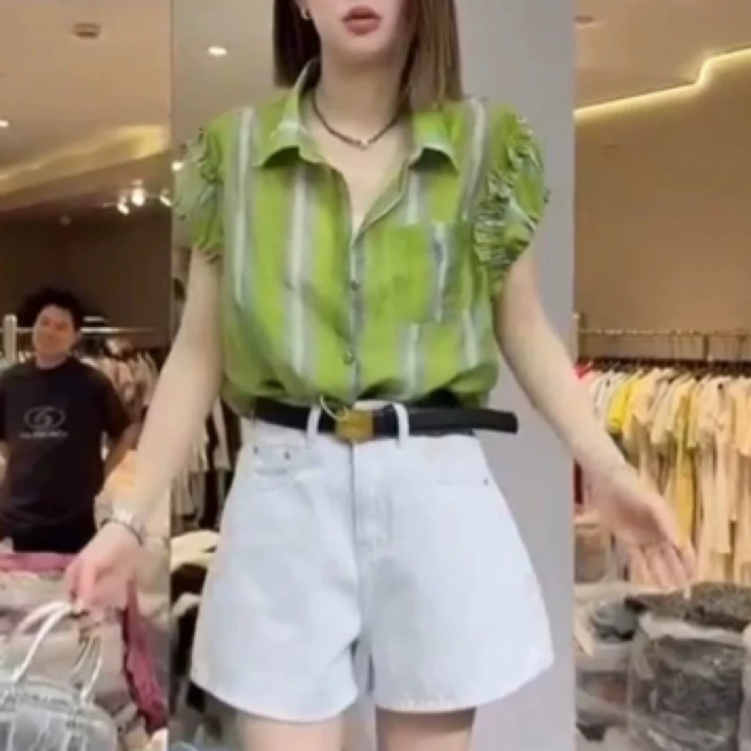 夏季新款甜美减龄娃娃领条纹短袖衬衫女