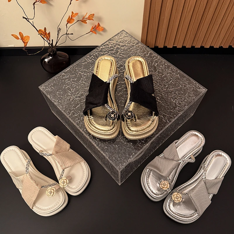 松糕厚底坡跟拖鞋女夏外穿小个子百搭时尚高跟凉鞋一字带凉拖水钻