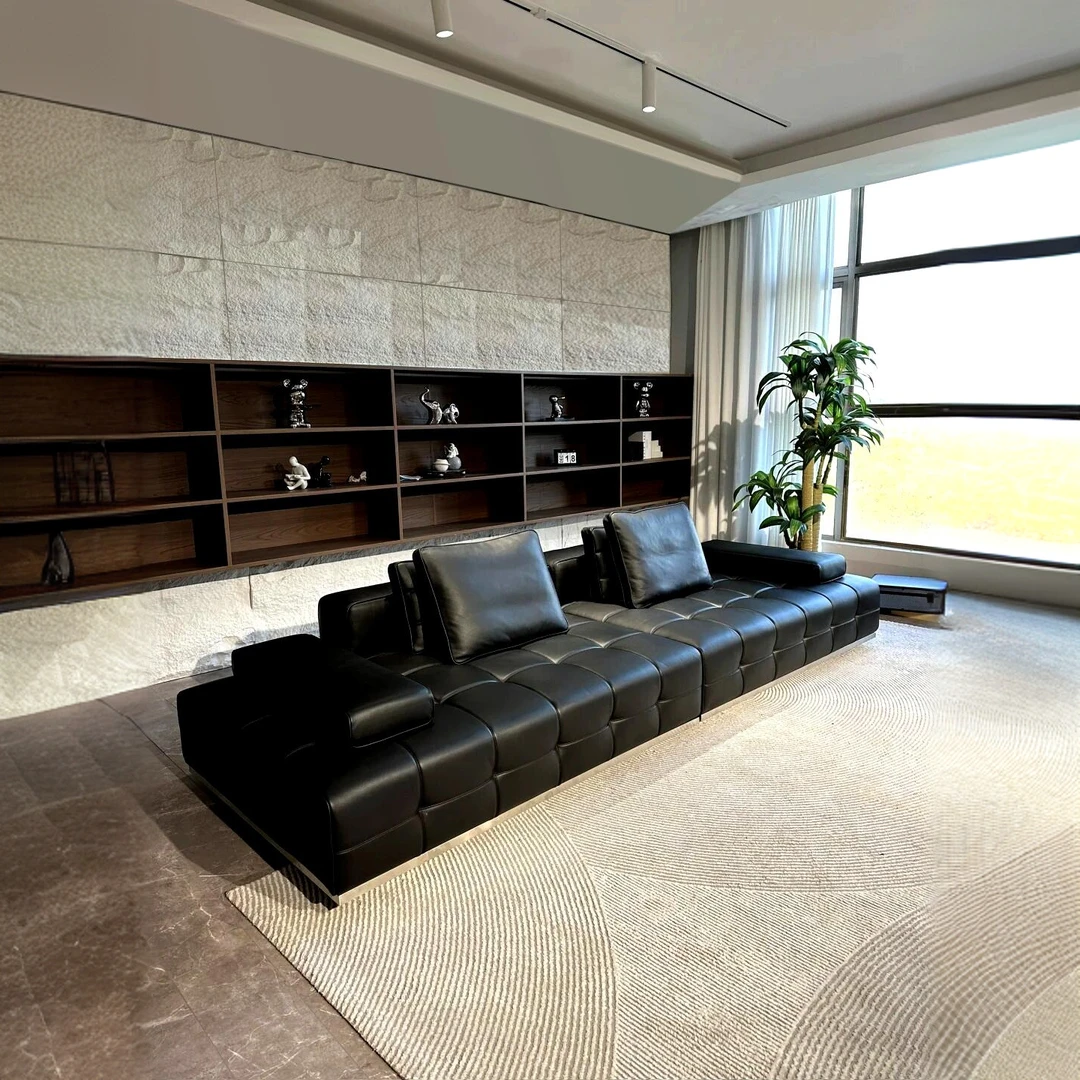 黑色意式极简轻奢别墅横厅大平层家用全真皮沙发