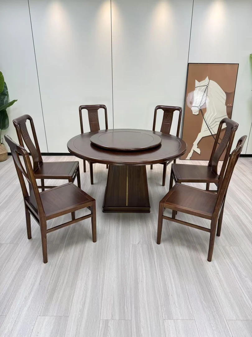 实木餐桌新中式餐桌圆桌带转盘实木圆桌乌金木家用客厅饭桌餐厅桌