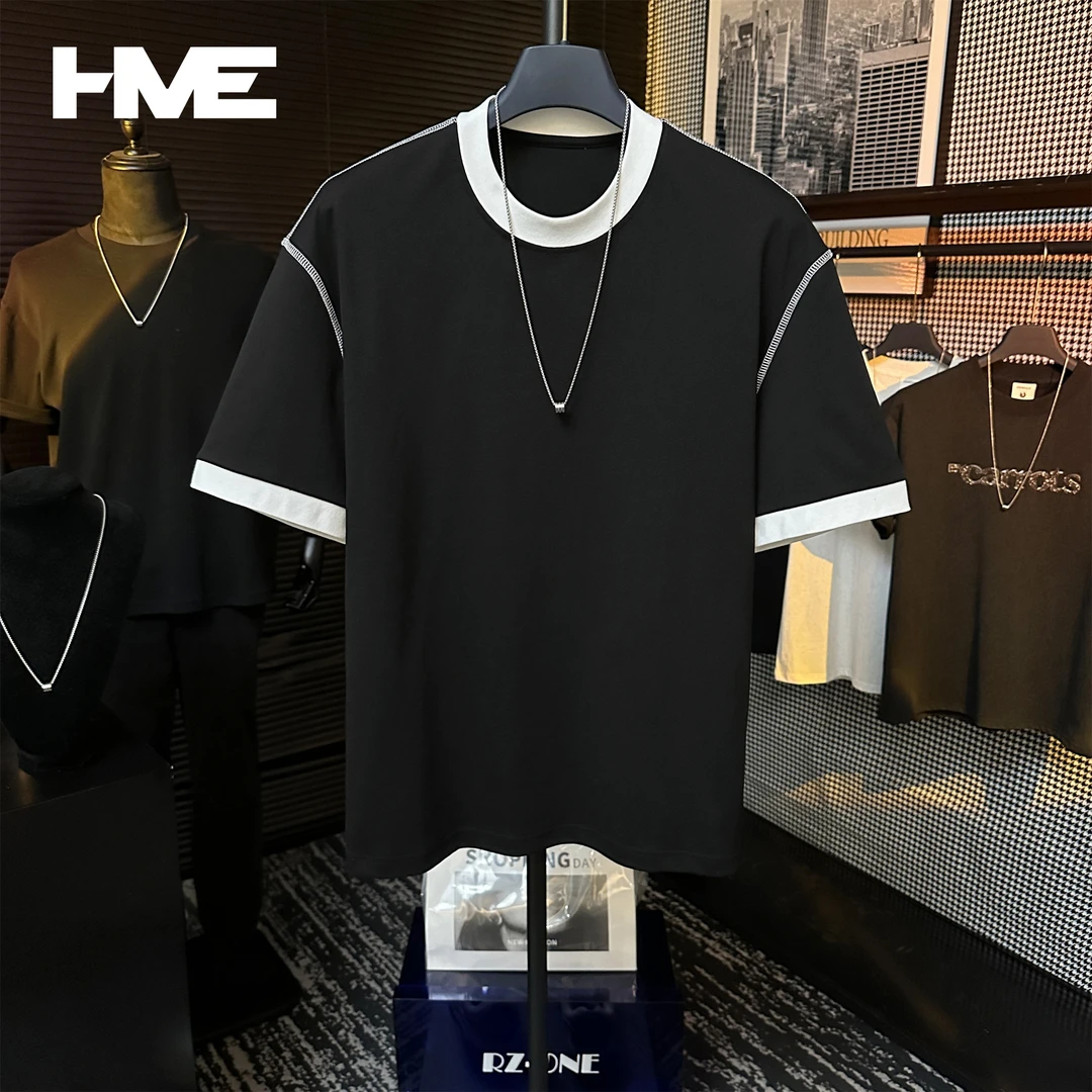 【HMEYAO】夏季重磅明线设计T恤撞色拼接简约潮流冰感棉圆领短袖