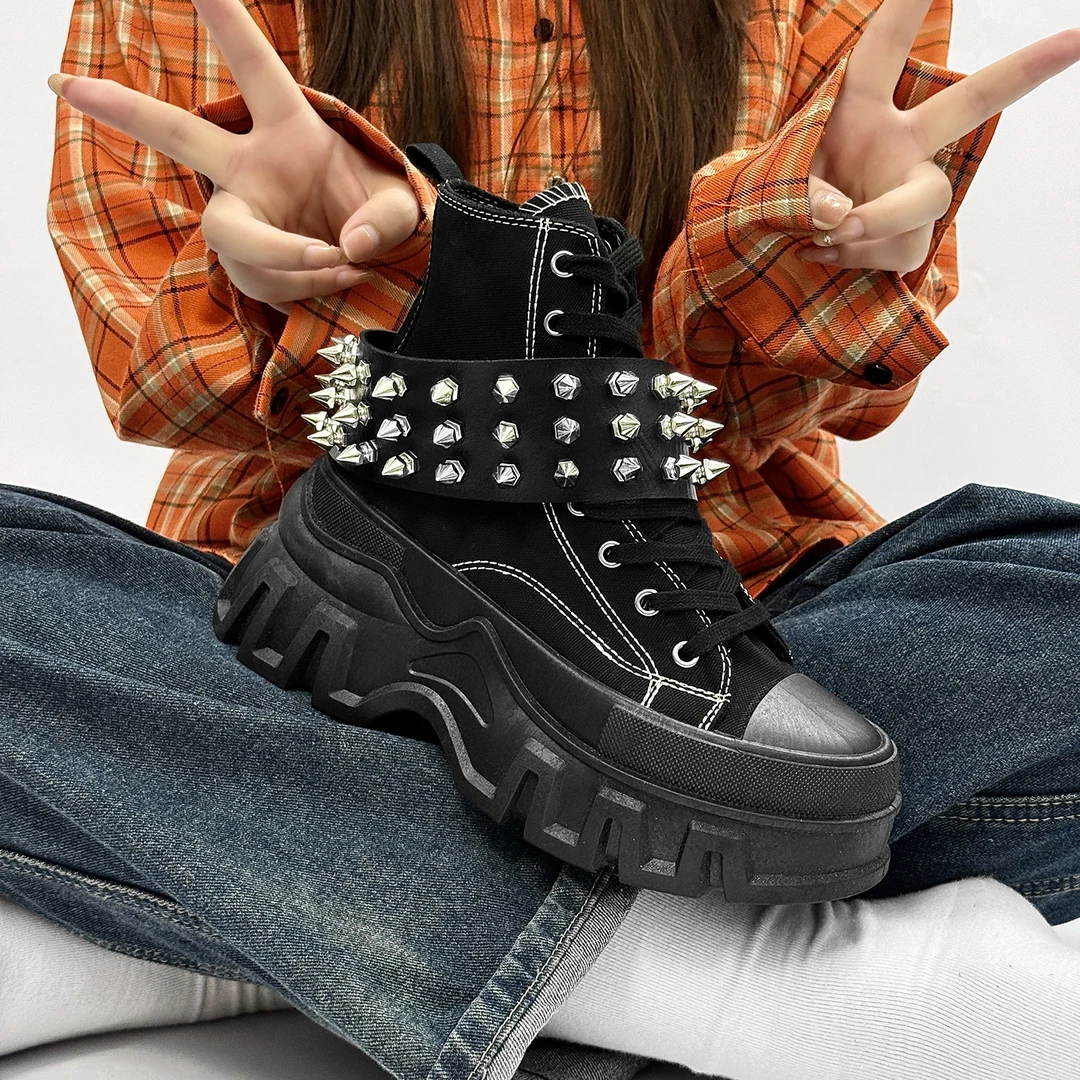 男鞋2025秋冬新款厚底增高情侣高帮帆布鞋男学生朋克风休闲潮鞋子
