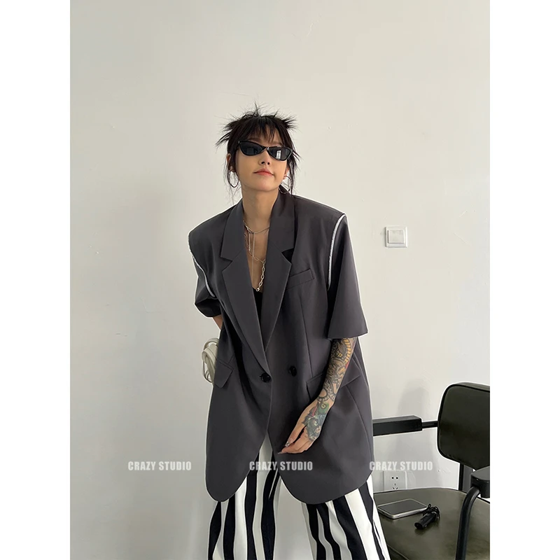 夏季时尚休闲西服上衣痞帅炸街百搭网红薄款拼接短袖西装外套女