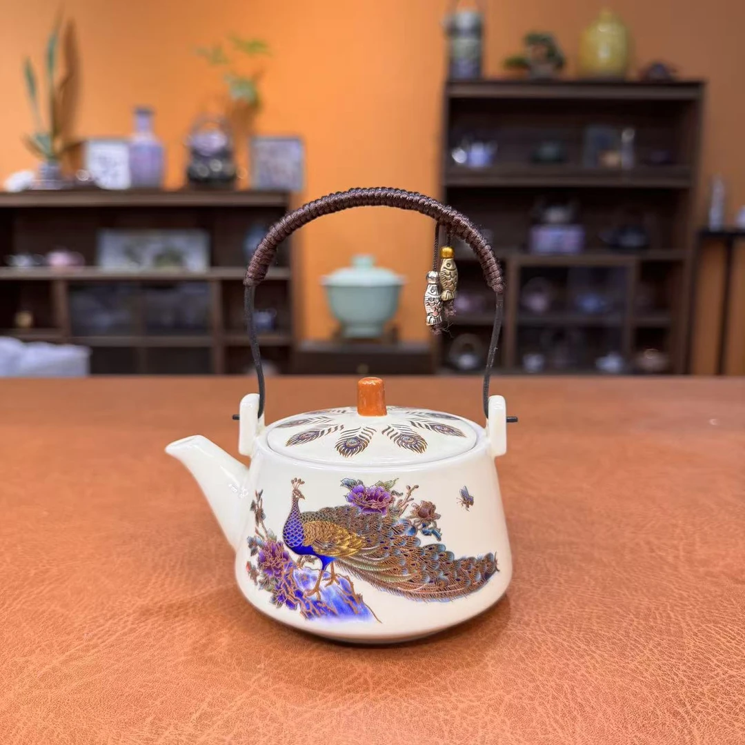 瓷韵优品 亮光黄孔雀牡丹提梁壶家用精美泡茶壶-3200