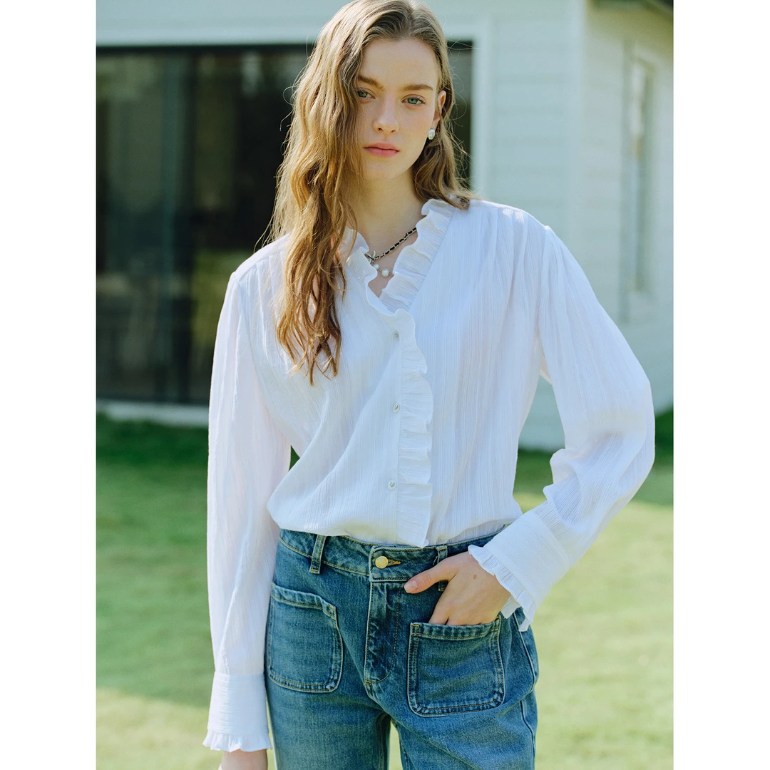 小岛微风 “荷叶衬衫”暗纹提花 浪漫木耳边白衬衫春秋女 SY011606