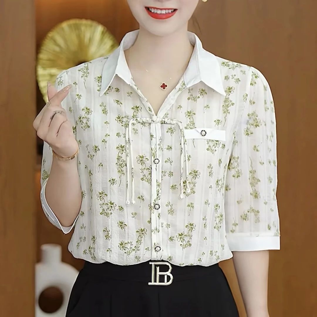 2025新中式夏季七分袖碎花衬衫宽松显瘦妈妈装百搭减龄上衣