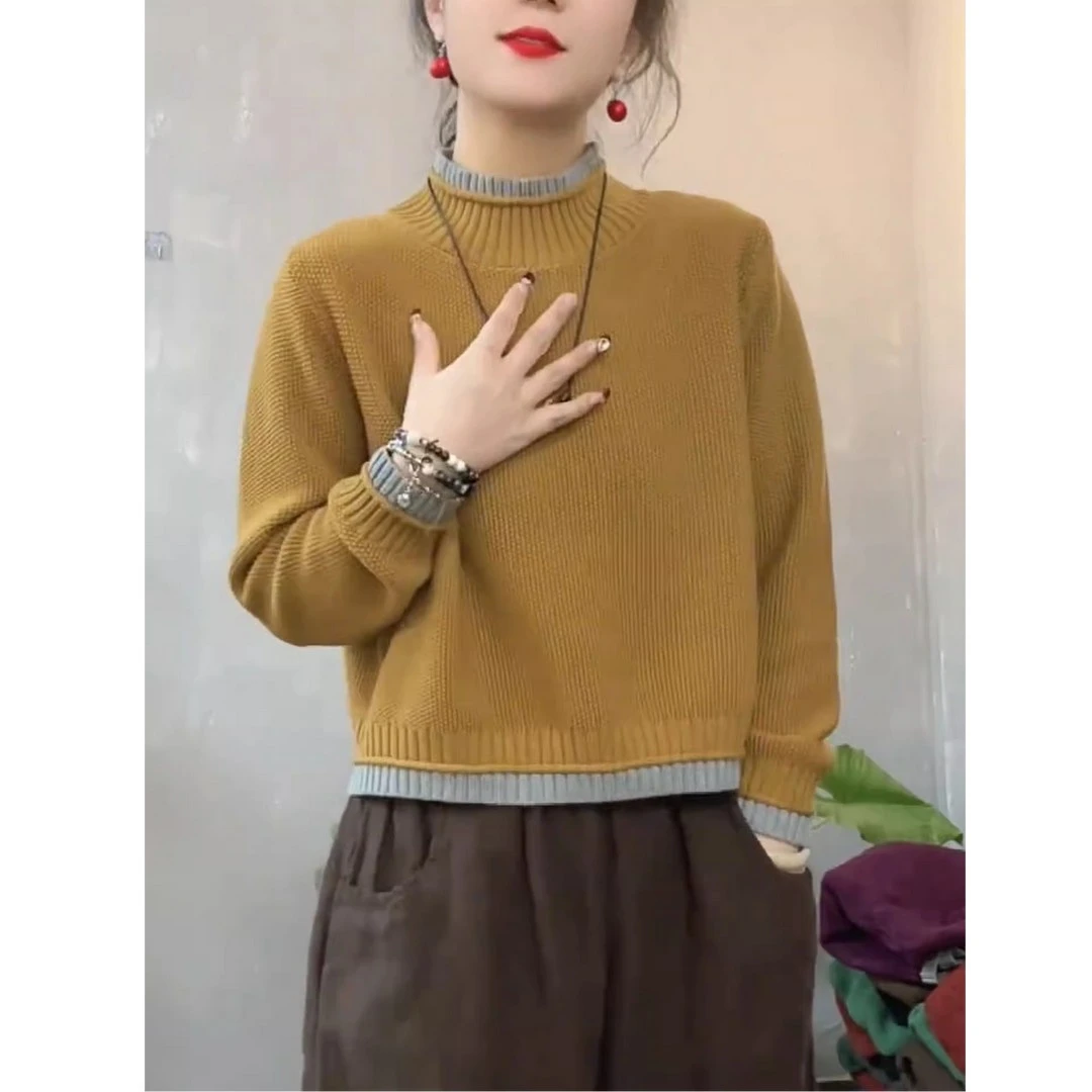 黄色慵懒风宽松显瘦长袖针织衫毛衣女2025秋冬新款内搭打底衫上衣