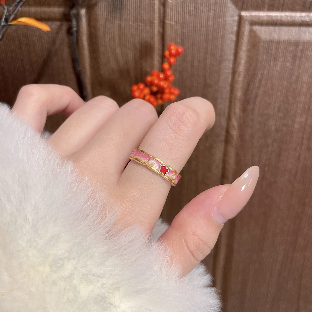 足银珐琅戒指 足银999.9描金渐变粉色小众星空戒指轻奢宫廷国潮风