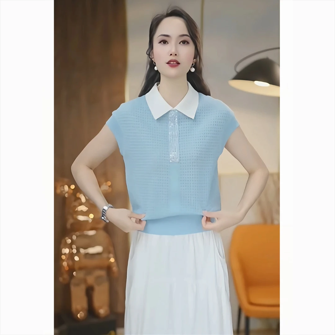 【夏上新轻奢针织衫】时尚小众设计感翻领显瘦短袖针织衫