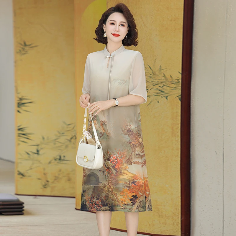 新中式妈妈夏装连衣裙50岁阔太太裙子中老年女装夏季国风长裙高贵