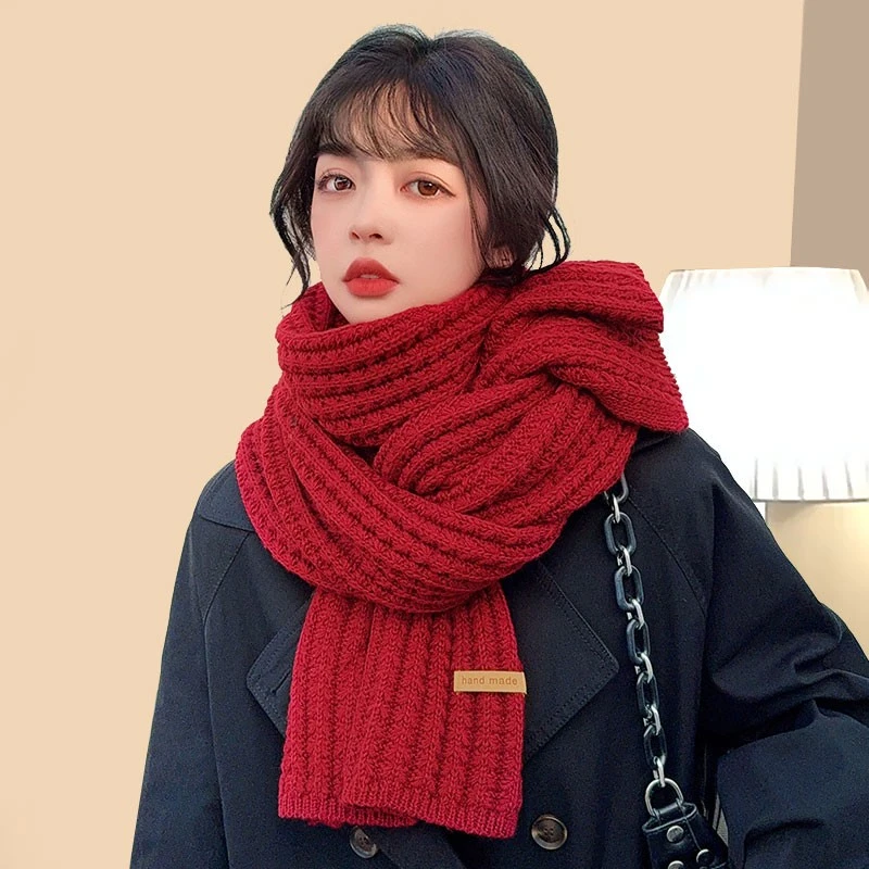 酒红色围巾女冬季2025新款韩版百搭高级感手工圣诞针织毛线围脖男