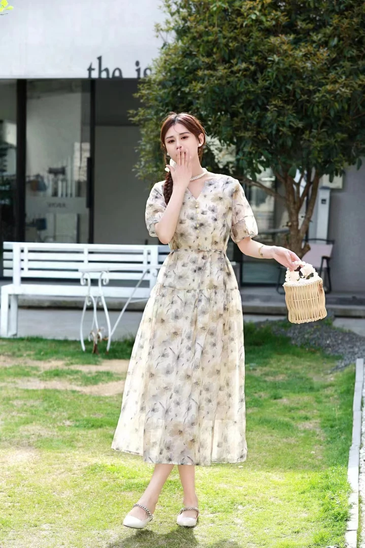 夏季显瘦V领印花短袖气质收腰连衣裙91569