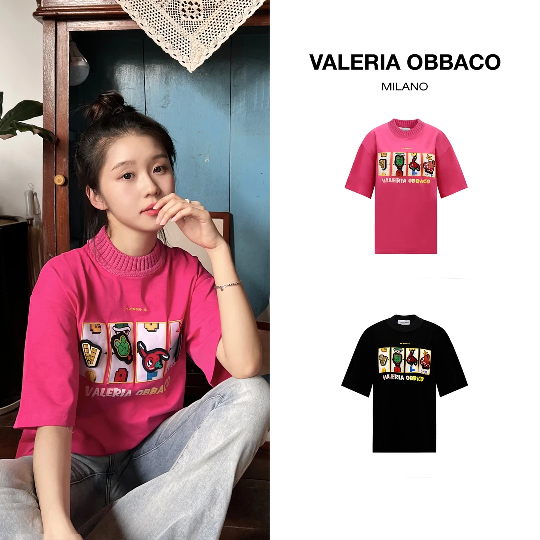 VALERIA OBBACO 夏季短袖 玩趣魔术贴宽松情侣针织领T恤百搭上衣