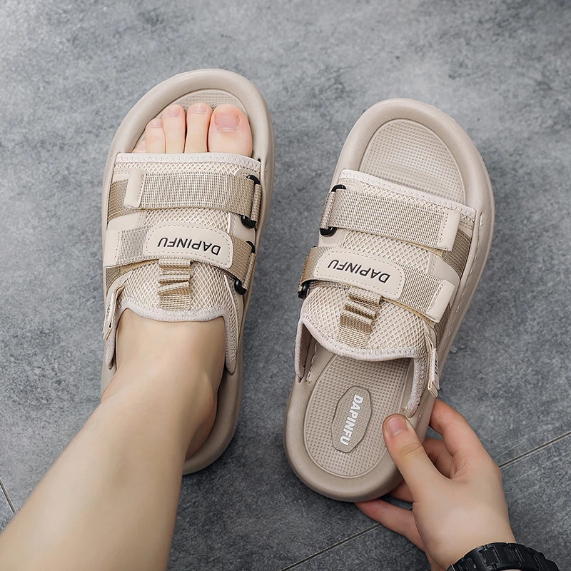 夏季拖鞋车缝线休闲风沙滩鞋男士韩版时尚软底透气网红鞋子外穿