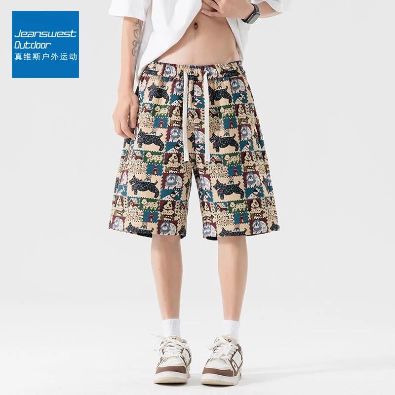 真维斯户外运动夏季新款宽松透气五分裤小狗刺绣提花满印休闲短裤