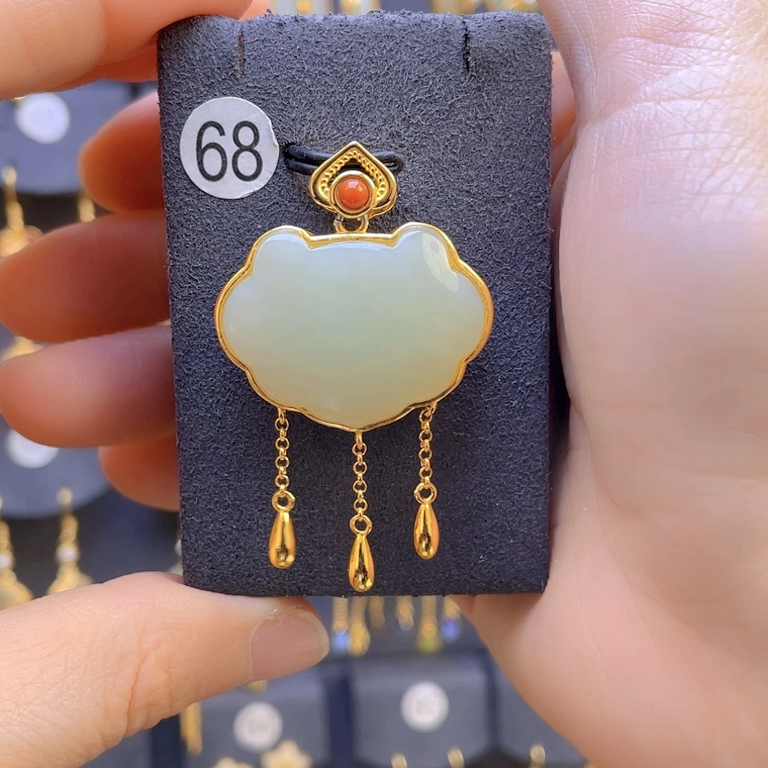 和田玉颈饰银S925镀金镶嵌