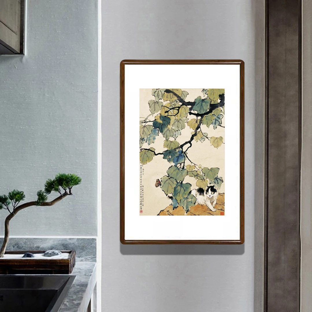 梧桐猫蝶图轴条幅挂画新中式客厅入户玄关装饰画餐厅走廊过道壁画