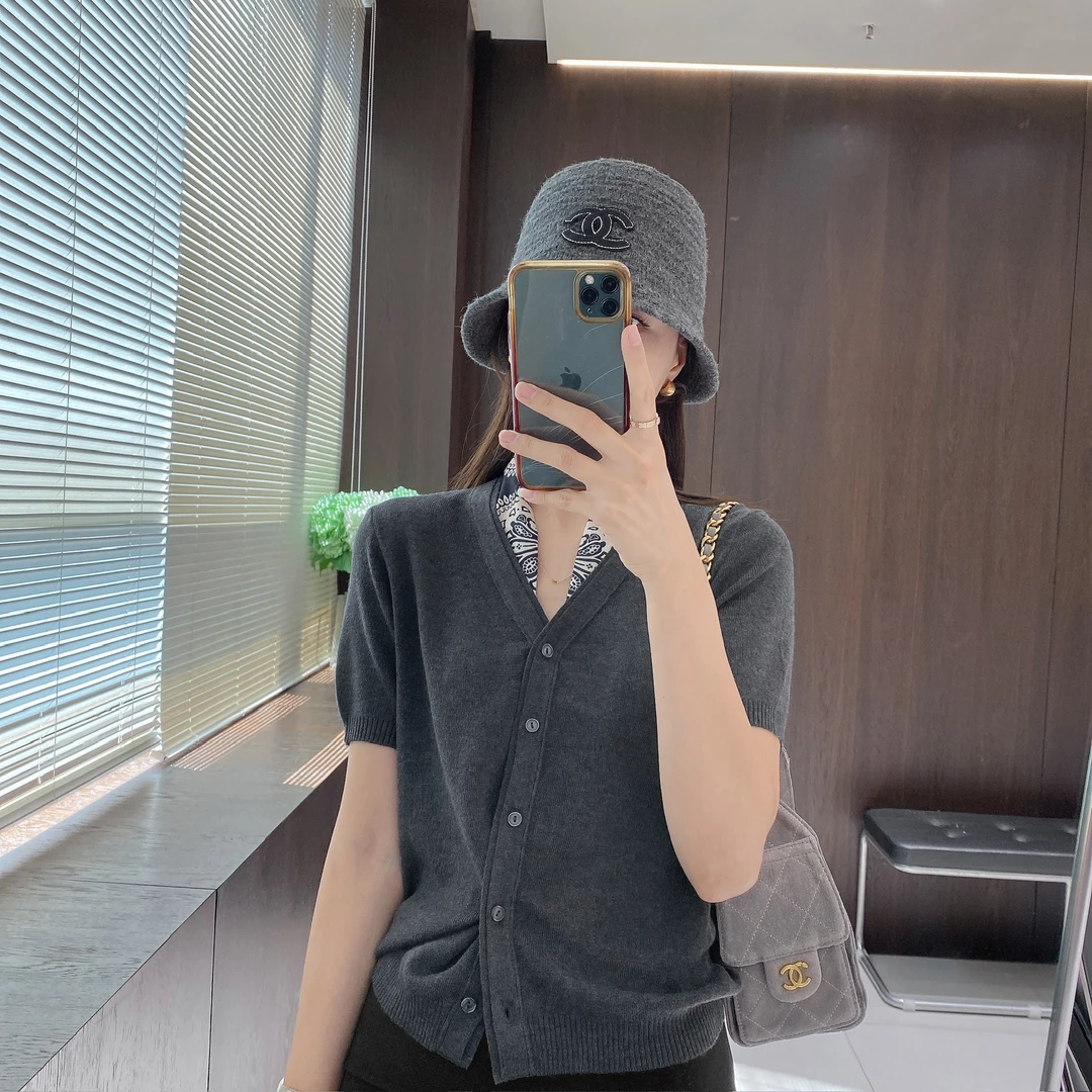 IMFLY金小金自制女装 针织衫DYW9611新款单排扣开衫针织短袖上衣