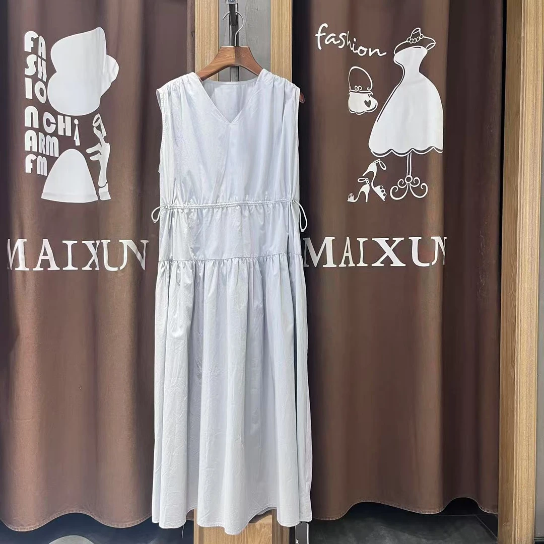 麦寻女装QLLFS66B小清新浅蓝色V领无袖收腰A字版夏季女士长裙