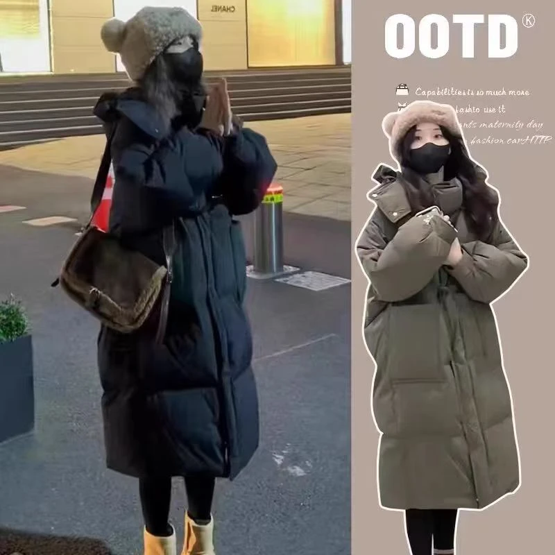 2025新款牛角扣加厚连帽棉服女韩版宽松面包服长款棉衣外套