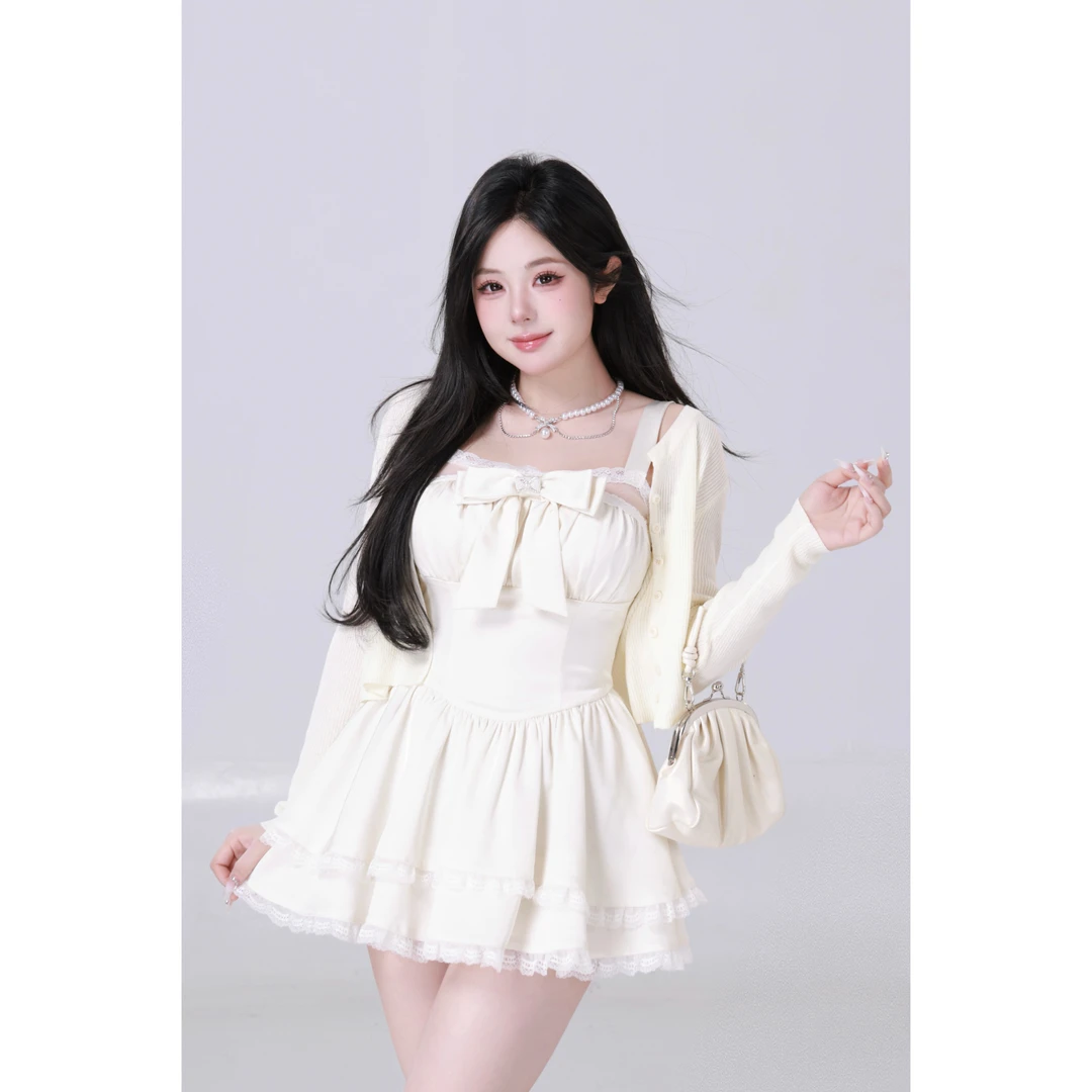 MengFairy 【纯恋小白花】小众纯欲温柔重工款拼接蕾丝连衣裙4924M