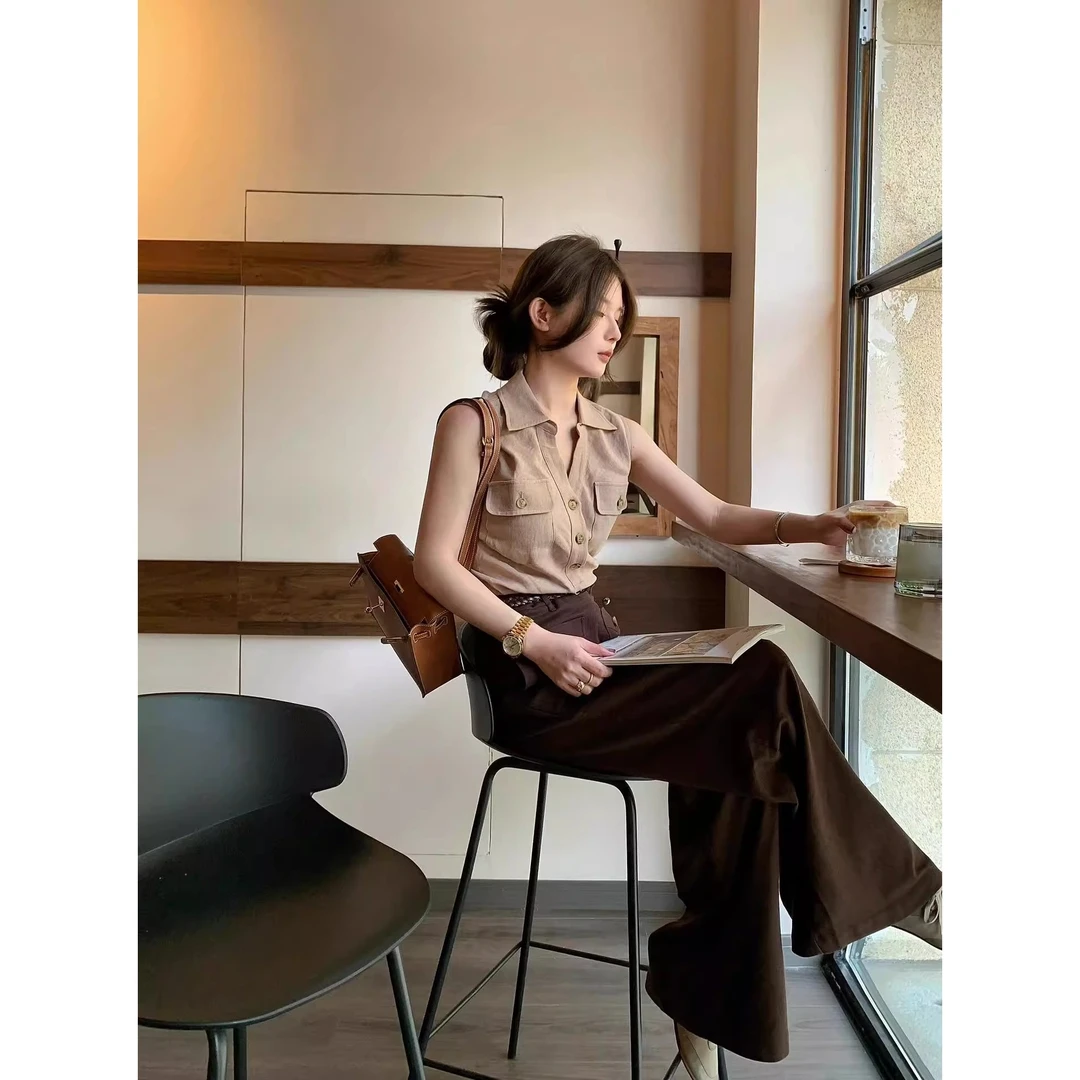 慵懒风无袖背心衬衫阔腿裤套装女春秋新款气质高级感超好看两件套