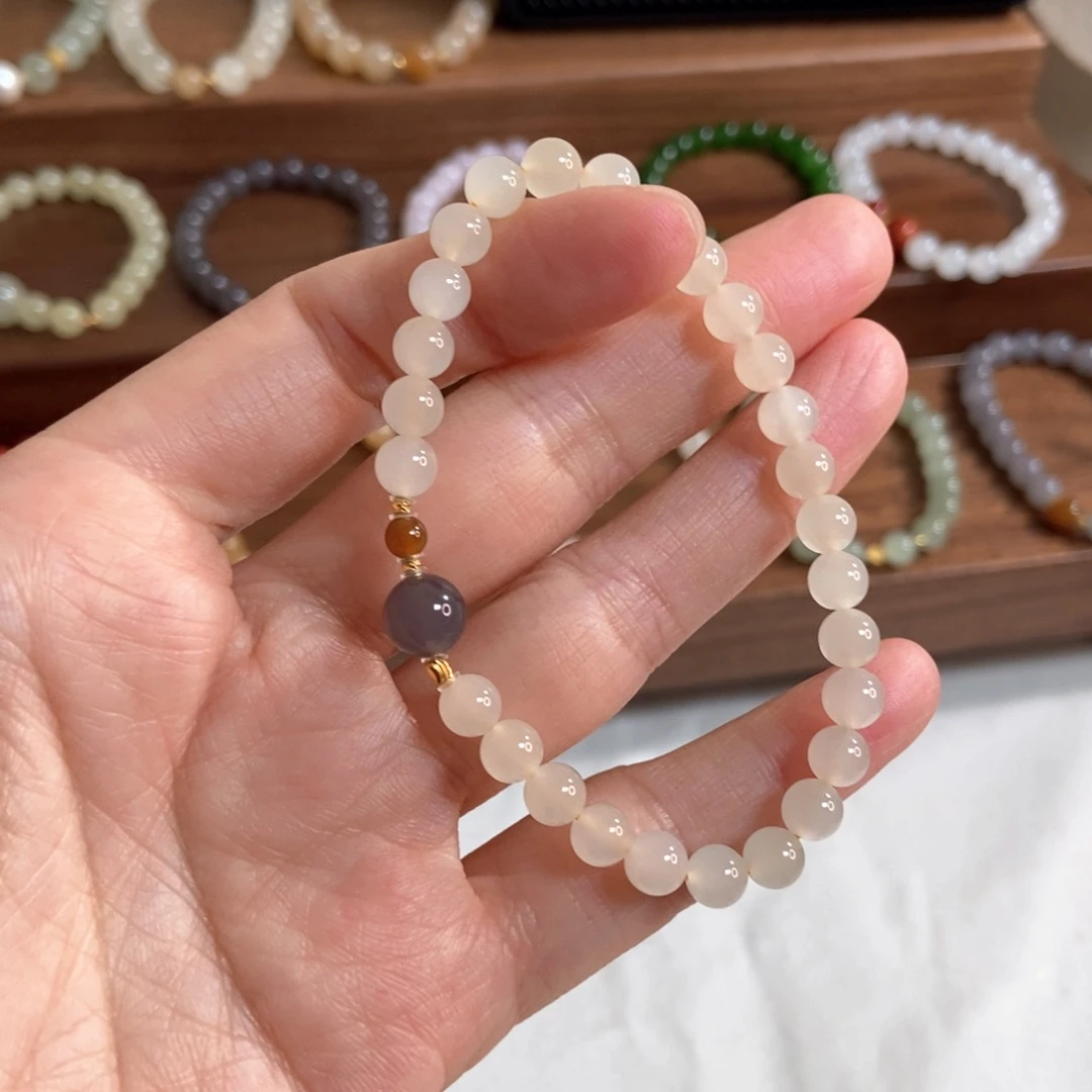 和田玉手链18K金镶嵌蜂蜜水6mm高冰底