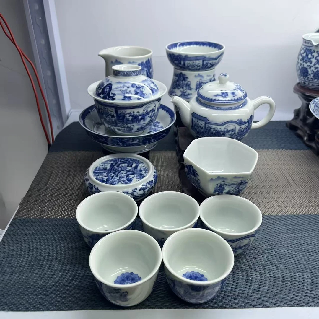 青花人物百子图功夫茶具套装高温瓷釉下彩茶杯家用