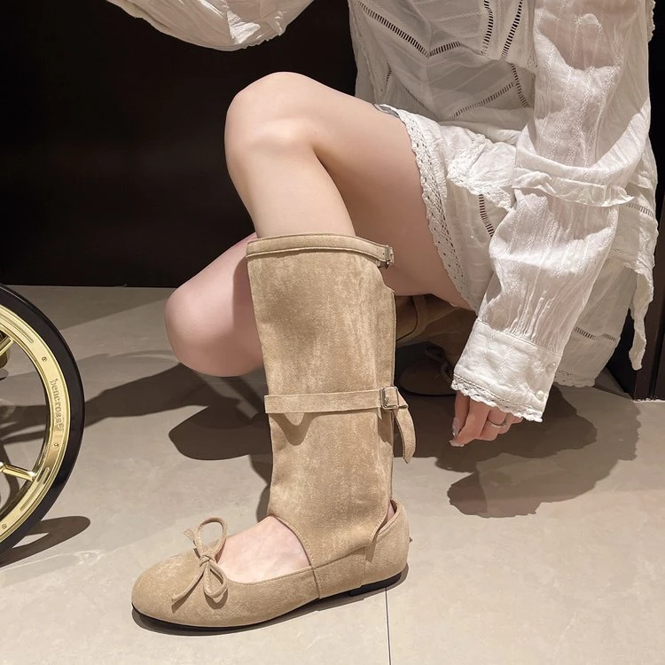 小众设计感蝴蝶结镂空凉靴女2025新款夏季长筒靴平底夹趾罗马