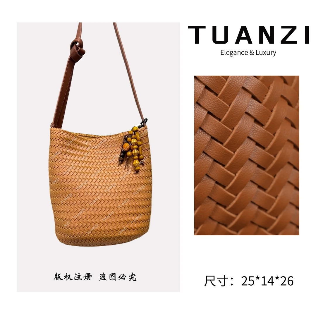 【高端玩家】新款时尚风编织水桶系列单肩腋下女包 SD-5135-棕色