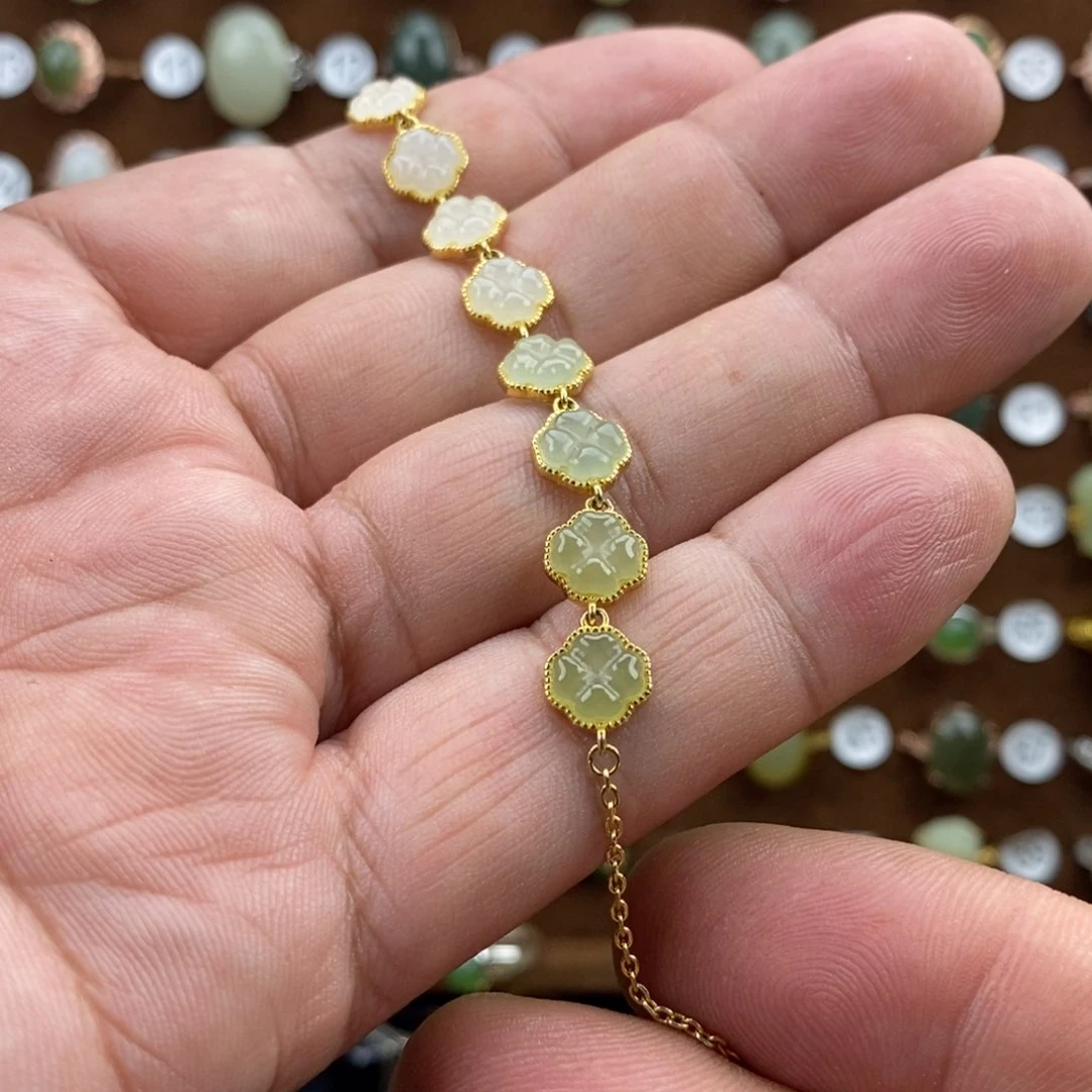 两***花和田玉戒指银S925镀金镶嵌