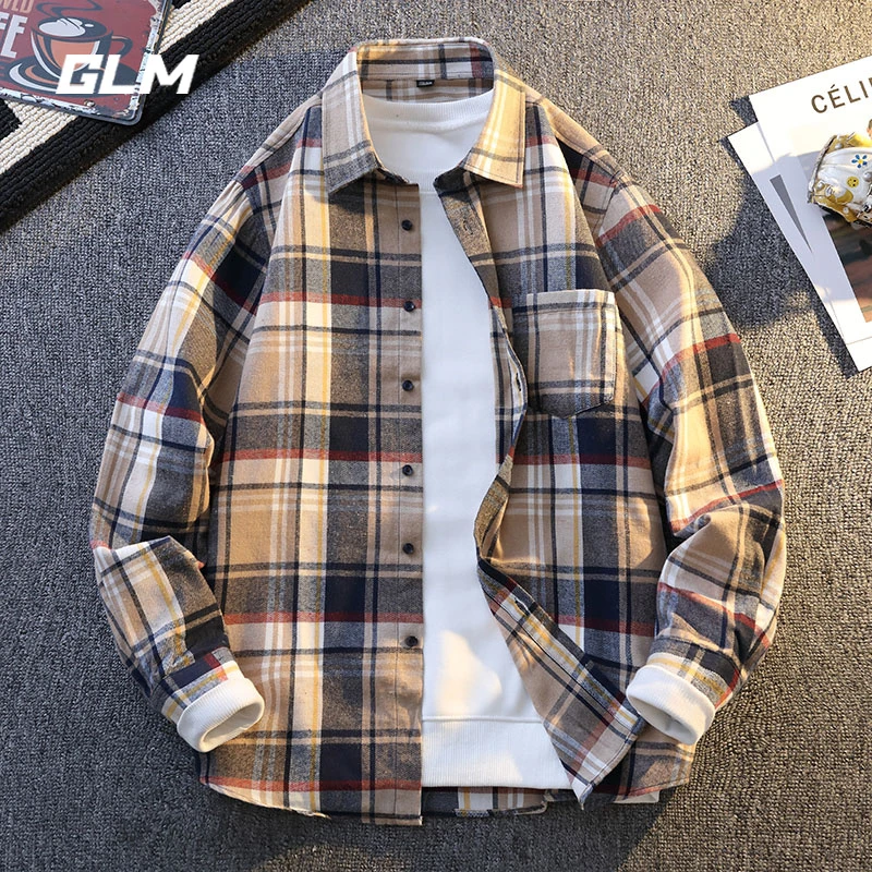 GLM春季新款日系格子纹理寸衫高级感休闲宽松长袖衬衫外套 男潮