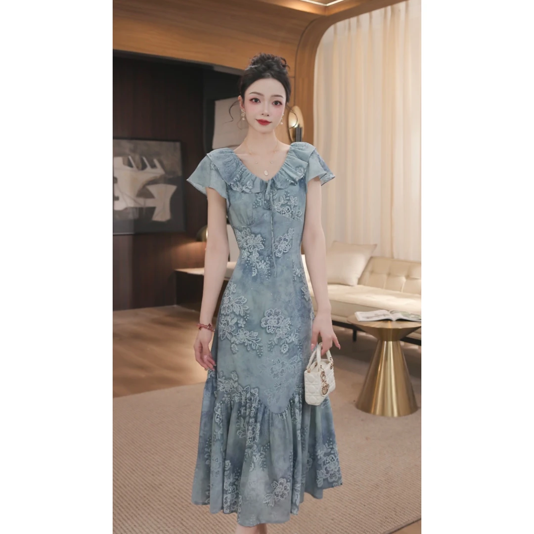 WWR 米粒-【蓝梦花屿】夏季新款法式优雅显瘦碎花连衣裙子-57882F