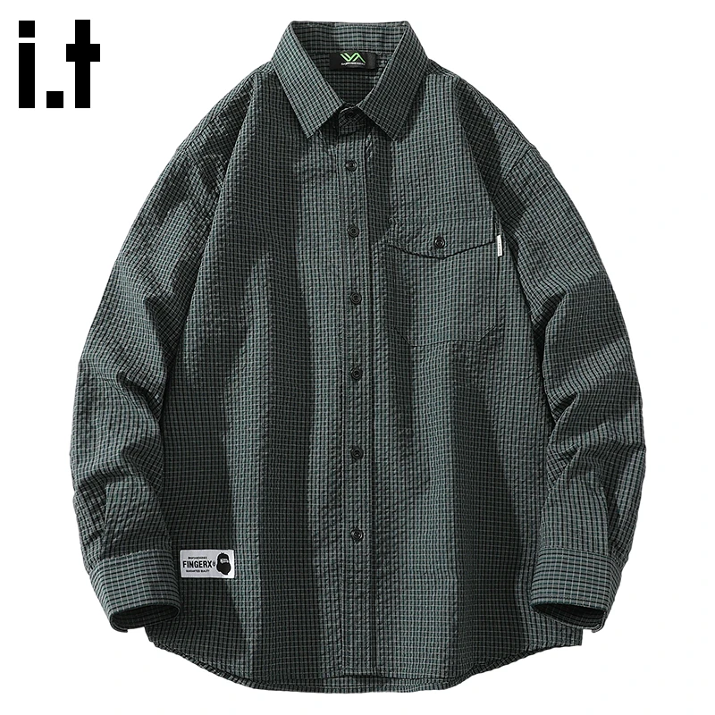 it FINGERCROXX长袖衬衫男夏季高级感格纹寸衫潮流痞帅古巴领衬衣