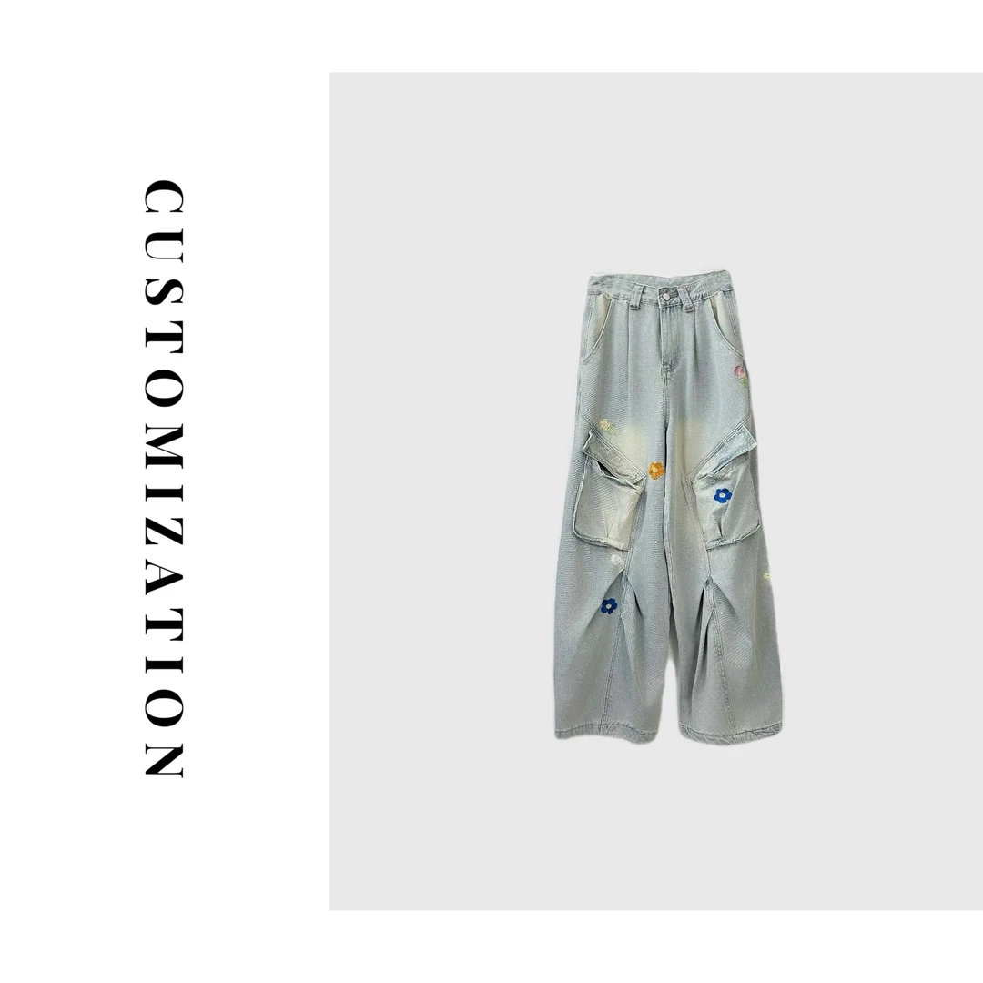 2025年春款蓝色牛仔拼贴大口袋工装长裤