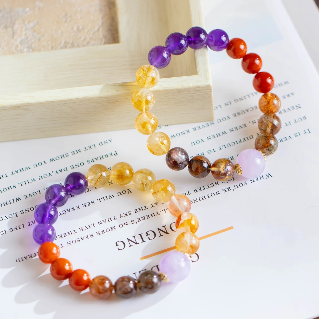 黑金超圆珠紫水晶南红多宝单圈手串（多样性发货发其一）