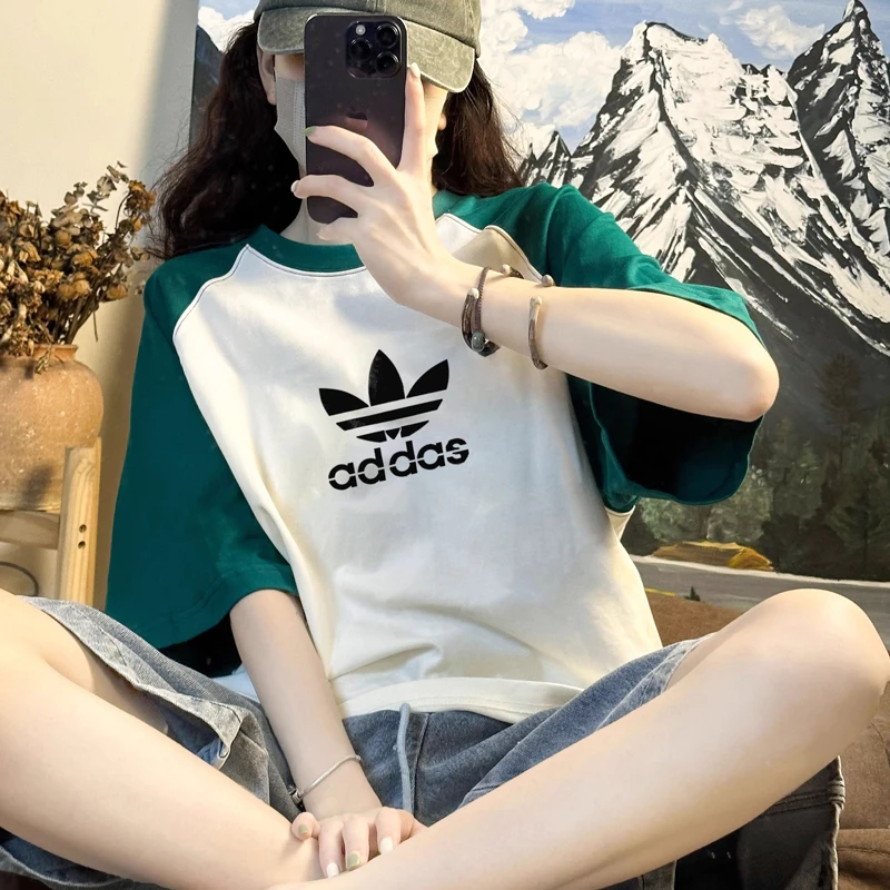 奥特莱斯运动显瘦ins短袖T恤男圆领拼接撞色涂鸦半袖显瘦上衣女G
